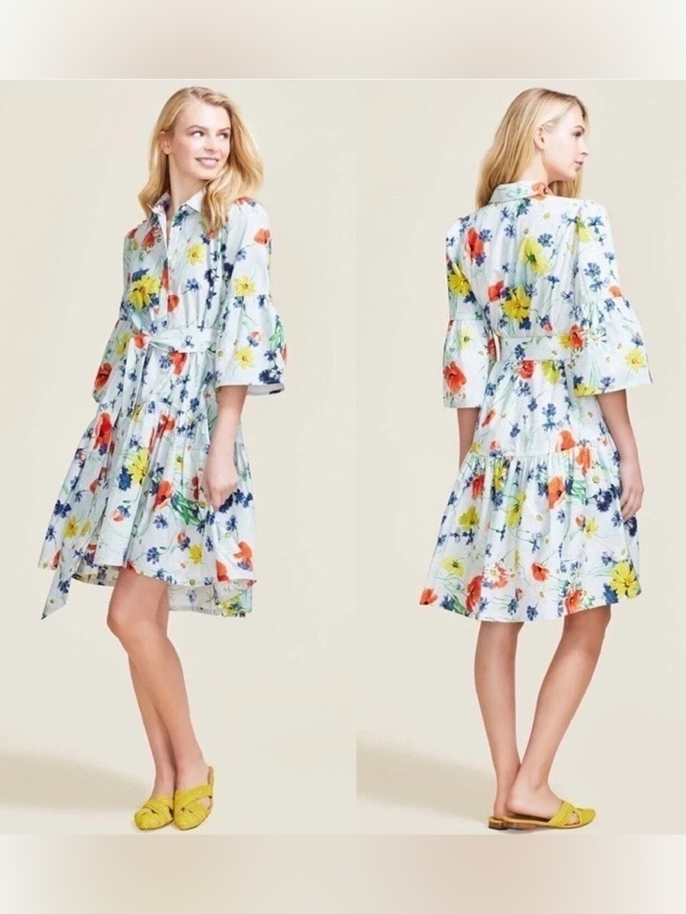 Pearl by Lela Rose White Midi Shirt Dress with Floral Print
